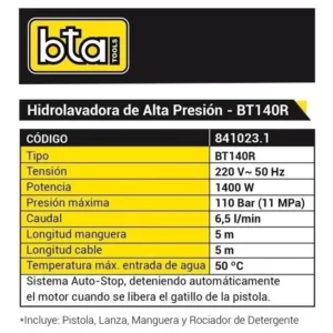 HIDROLAVADORA VERTICAL BT140R 110BAR-6,5L/M 841023.1